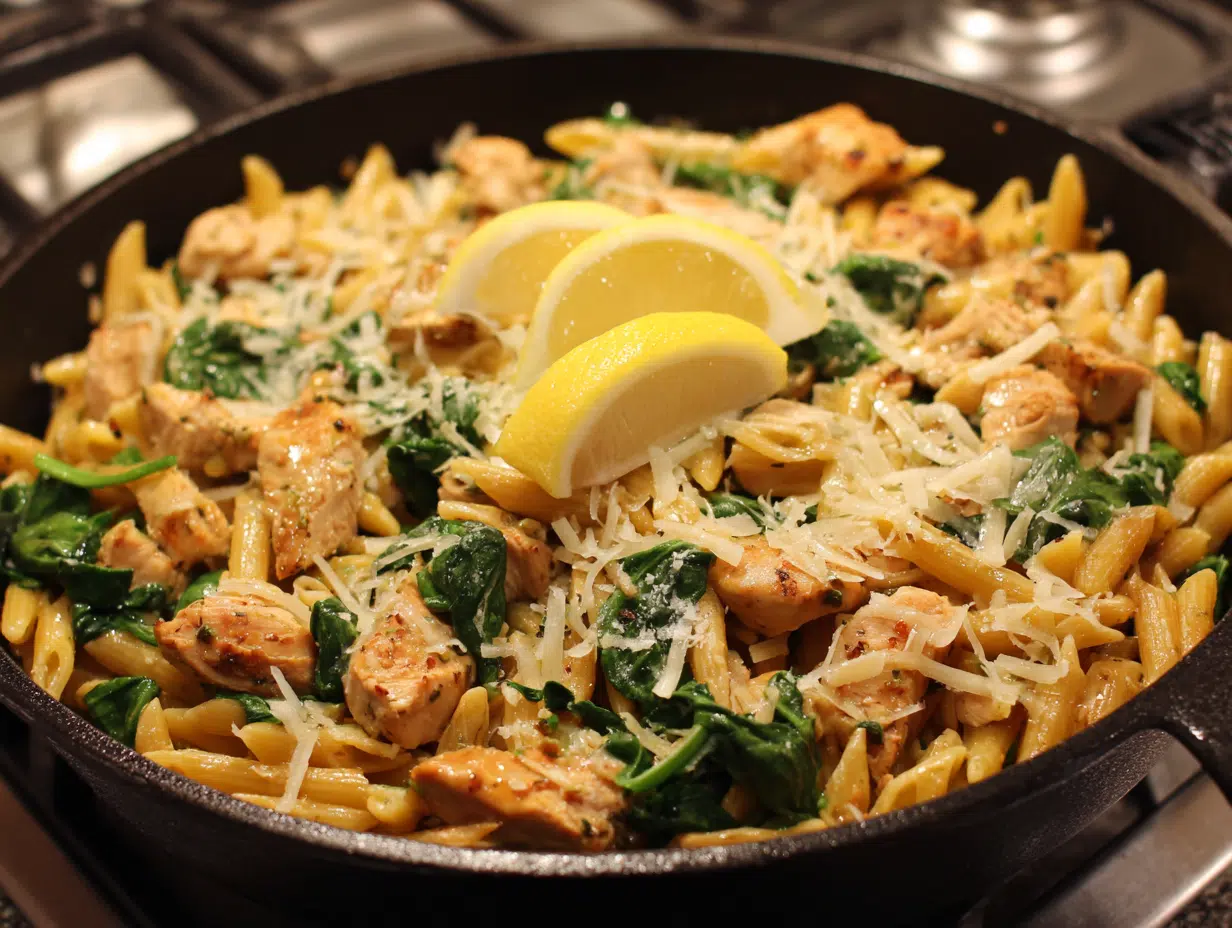Zesty Chicken And Spinach Skillet Pasta with Lemon & Parmesan