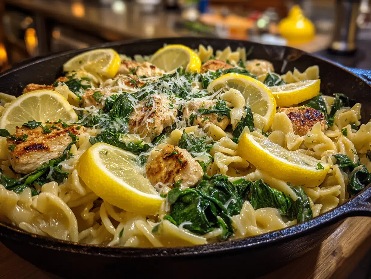 Zesty Chicken And Spinach Skillet Pasta with Lemon & Parmesan