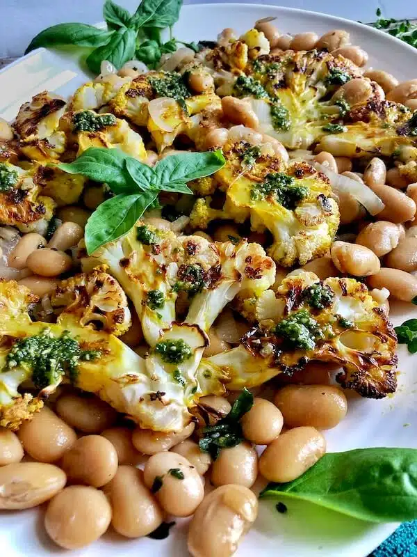 Grilled Cauliflower Steaks with Almond Pesto & Butter Beans