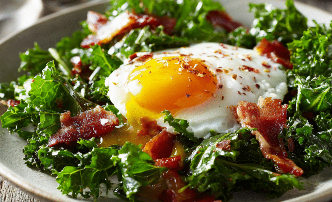 Welcome to a New Morning Staple: Baby Kale Breakfast Salad with Bacon & Egg