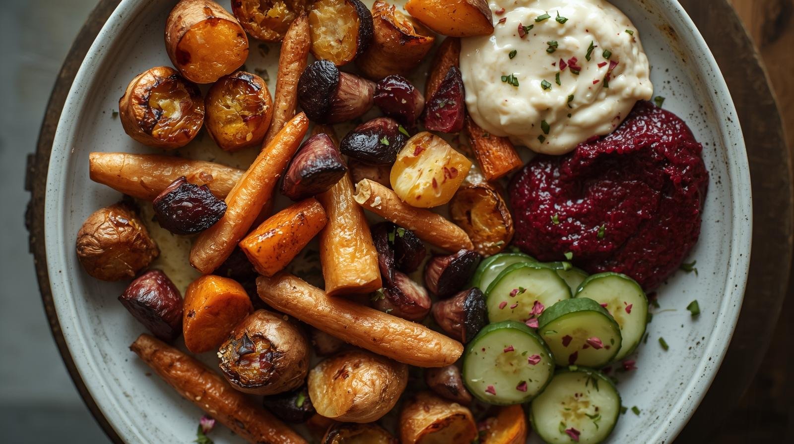 Vibrant Roasted Root Veg with Beetroot and Cucumber Dips: A Sugar-Free Sharing Platter