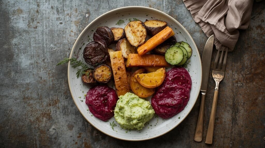Vibrant Roasted Root Veg with Beetroot and Cucumber Dips