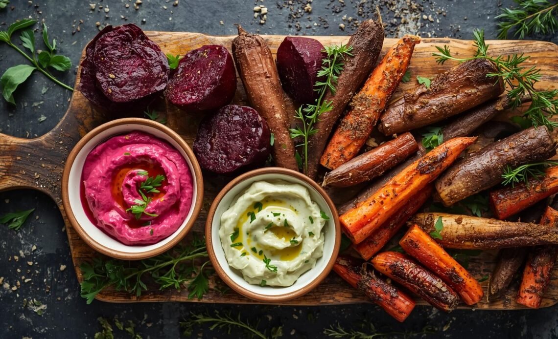 Roasted Root Veg with Beetroot and Cucumber Dips