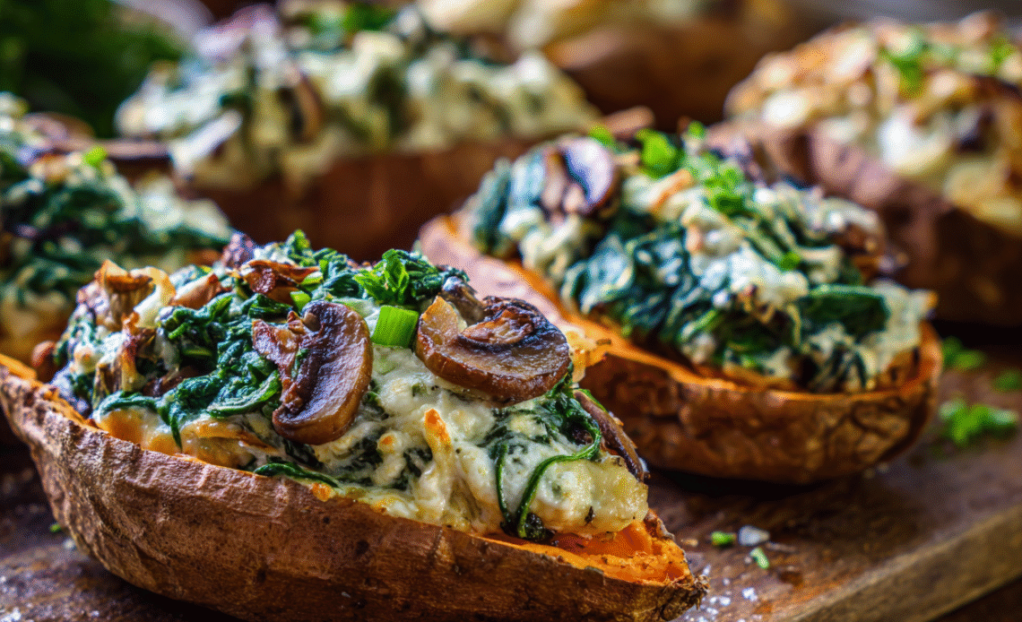 Amazing Creamy Mushroom and Spinach Stuffed Sweet Potatoes