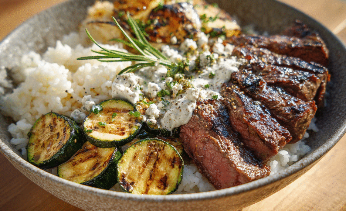 Grilled Steak Bowl with Sauce & Grilled Zucchini