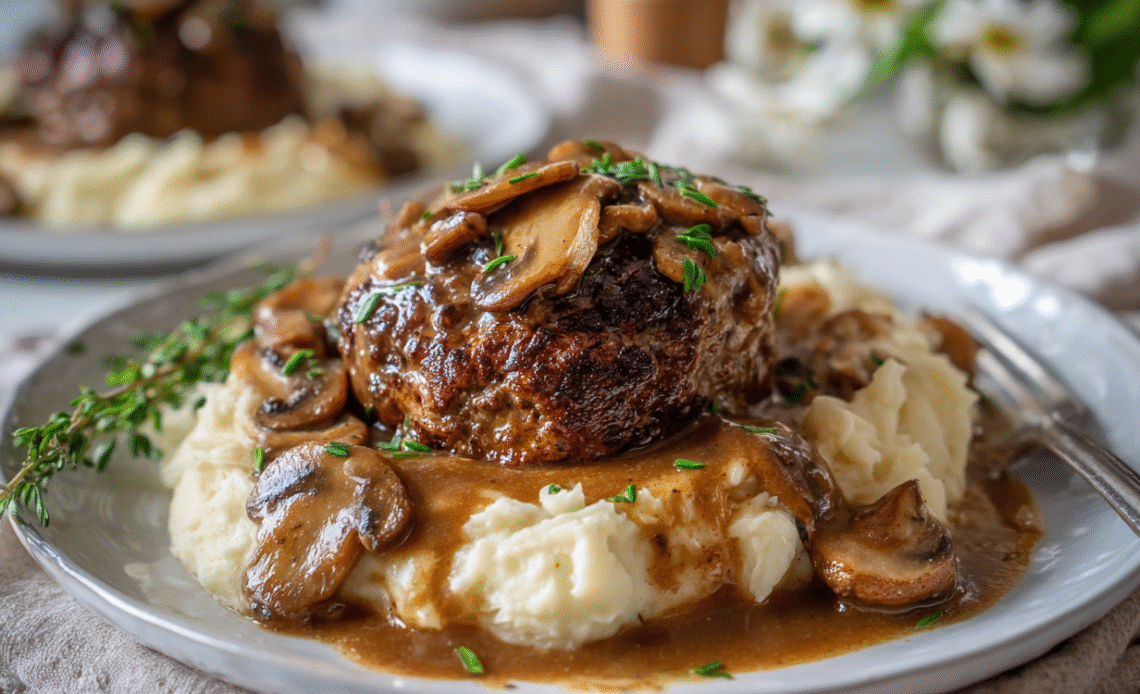 Deliciously Comforting Salisbury Steak with Mashed Potatoes and Mushroom Gravy