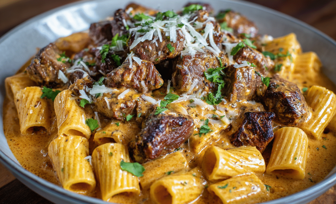 Cajun Steak Tips in Cheesy Rigatoni Parmesan Sauce