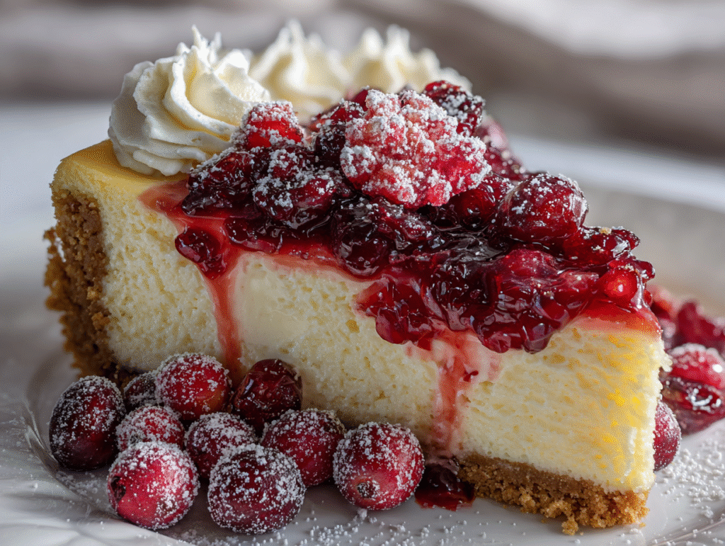 Christmas Cheesecake with Cranberry Jam and White Chocolate Mousse