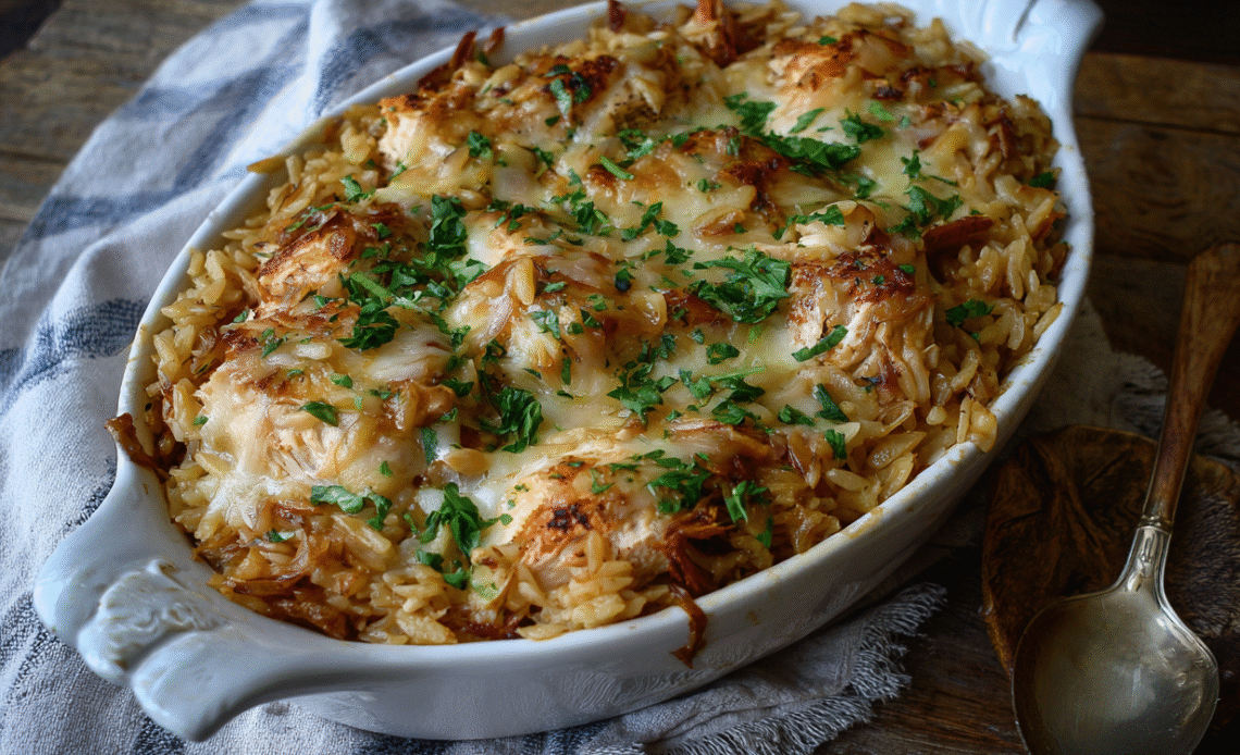 French Onion Chicken Orzo Casserole