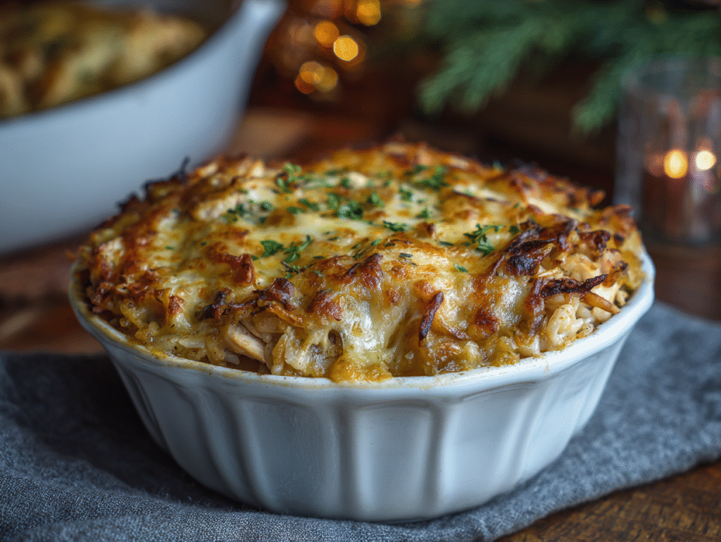 A Healthier French Onion Chicken Rice Bake