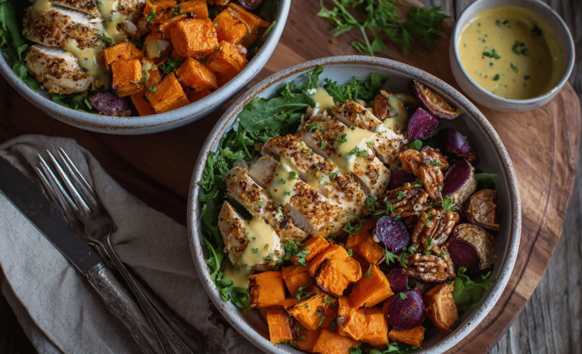 Maple Dijon Chicken and Roasted Sweet Potato Bowls