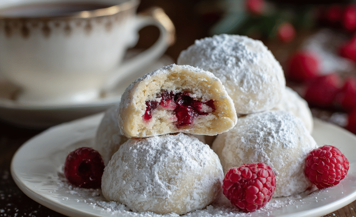 Raspberry Filled Almond Snowball Cookies