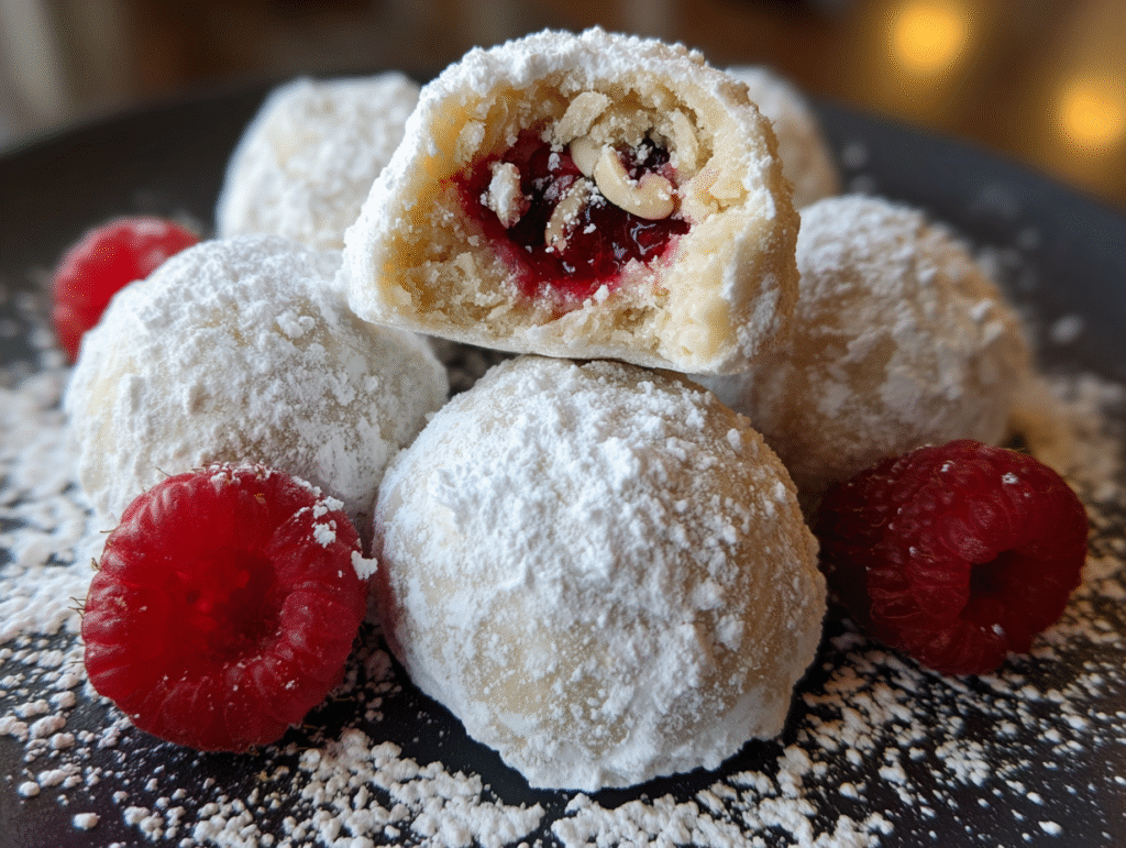Raspberry Filled Almond Snowball Cookies Recipe