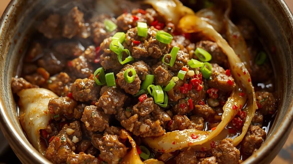 dishes of Low-Carb Mongolian Ground Beef and Cabbage