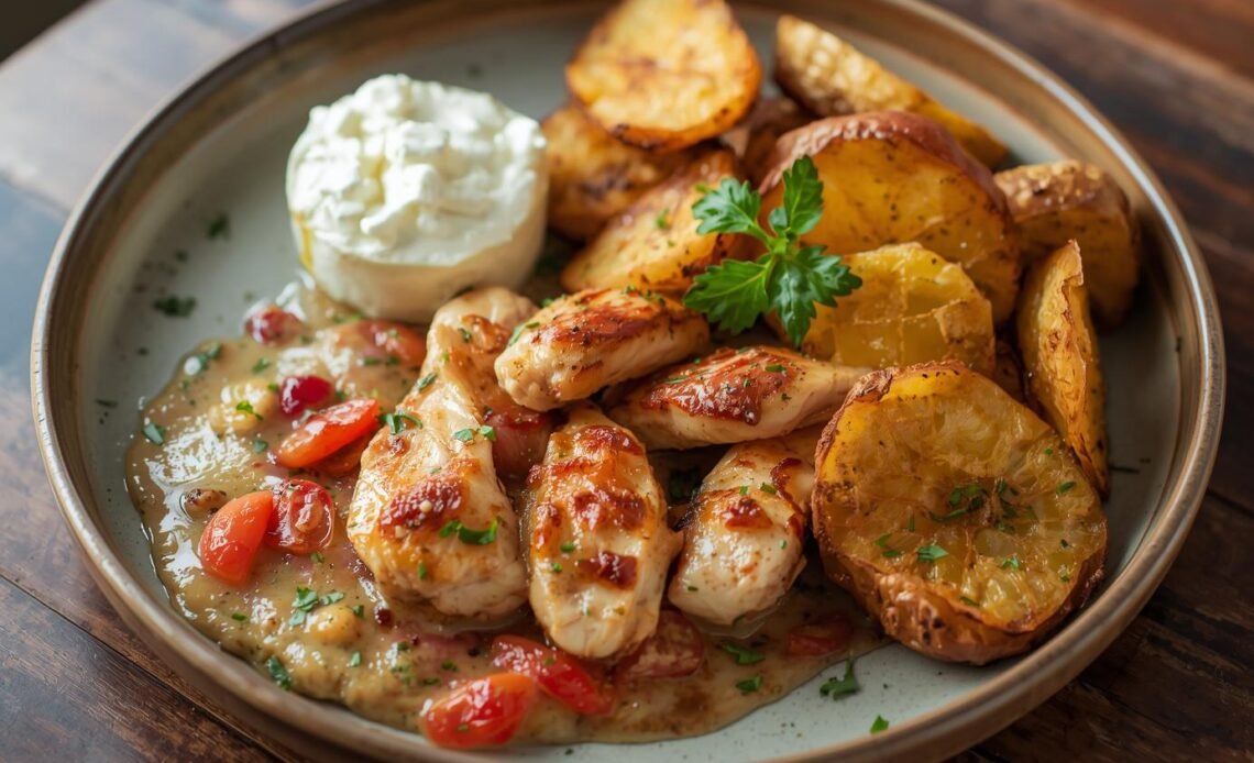 Mediterranean Chicken with Lemon Feta Dip And Crispy Potatoes