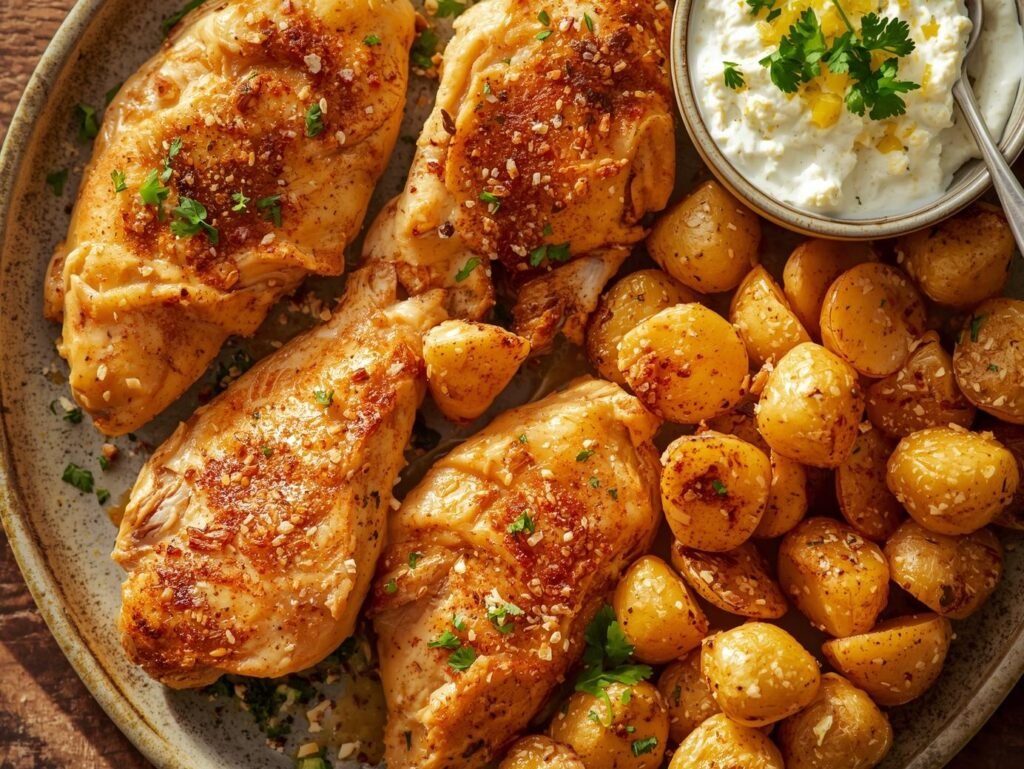 Mediterranean Chicken with Lemon Feta Dip And Crispy Potatoes: A Sun-Drenched, Balanced Feast