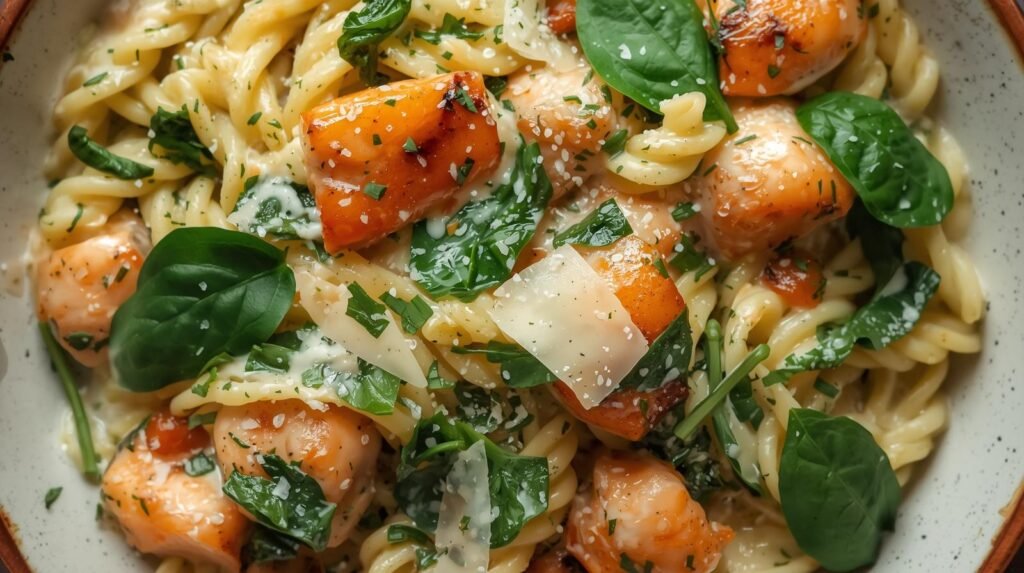 dishes of Salmon Spinach Pasta