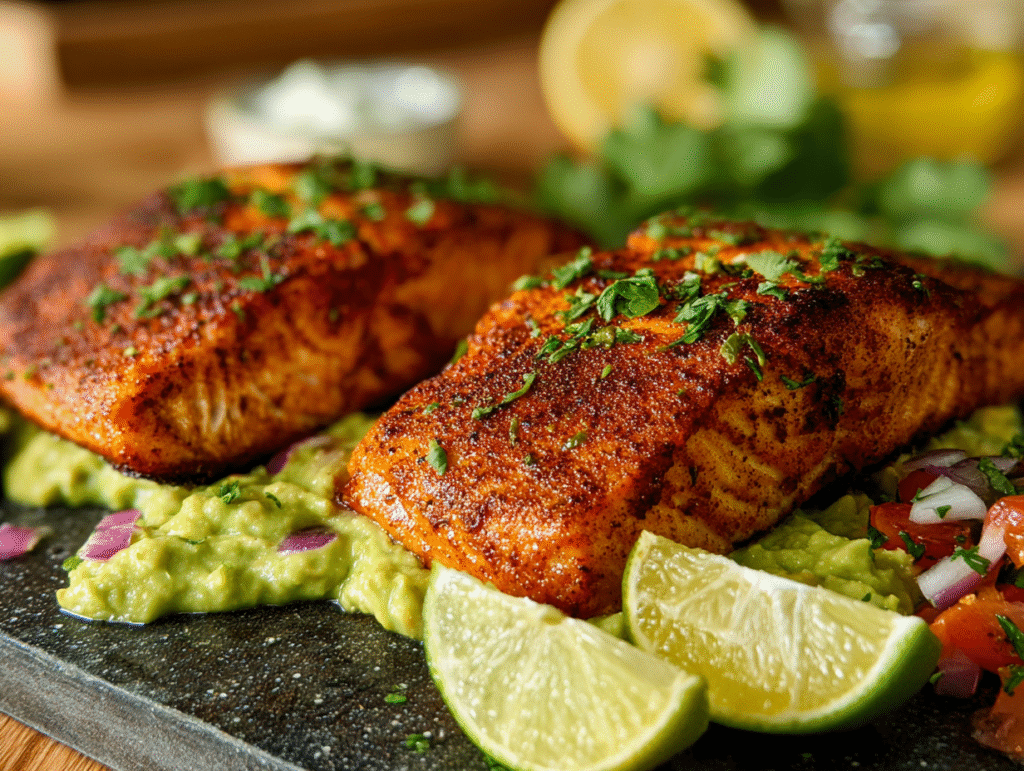 dishes of Cajun Salmon Avocado Lime