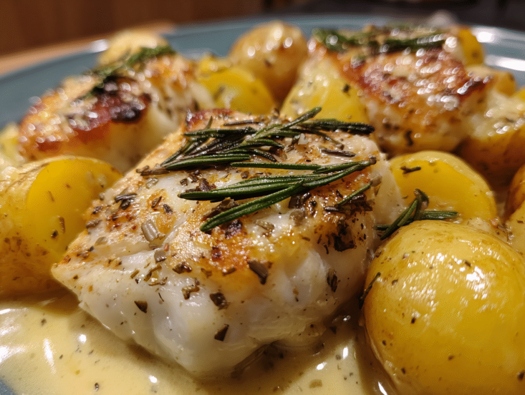 dinner of Cod and Potatoes with Rosemary Cream Sauce
