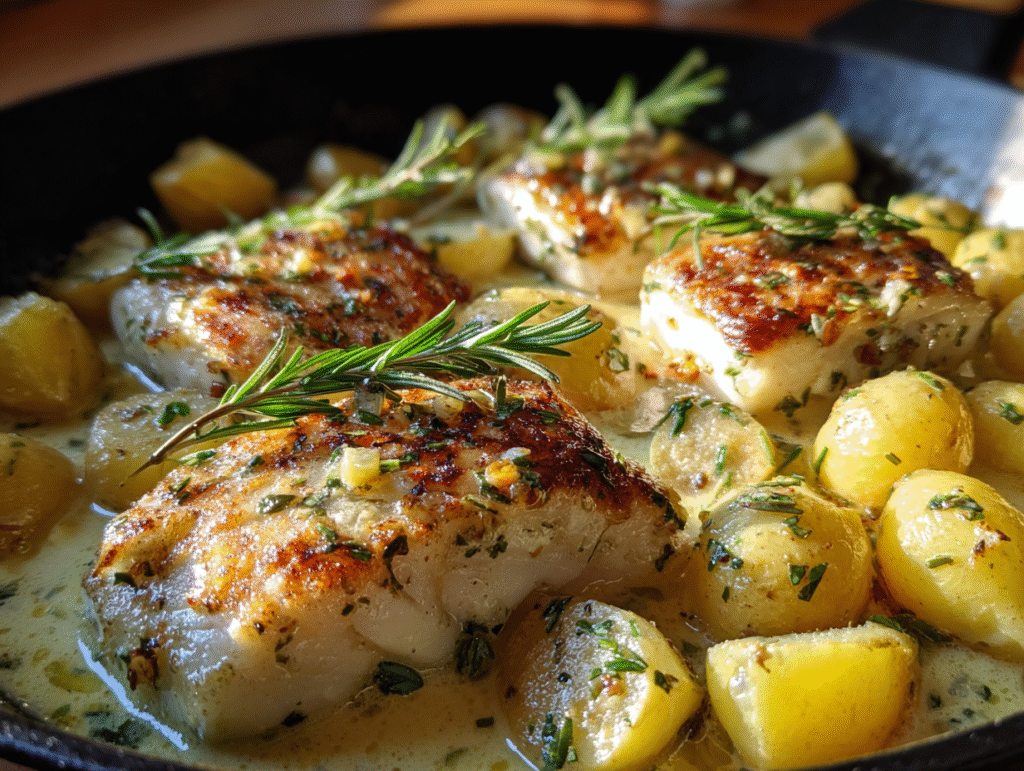 dishes of Cod and Potatoes with Rosemary Cream Sauce