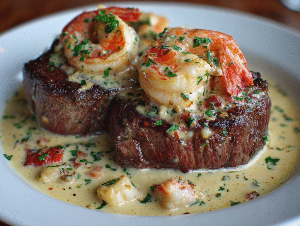 Filet Mignon with Shrimp and Lobster Cream Sauce
