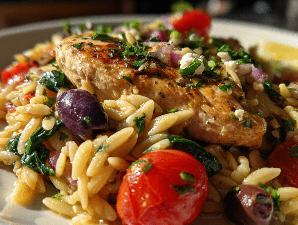 lunch of High Protein Mediterranean Chicken Orzo