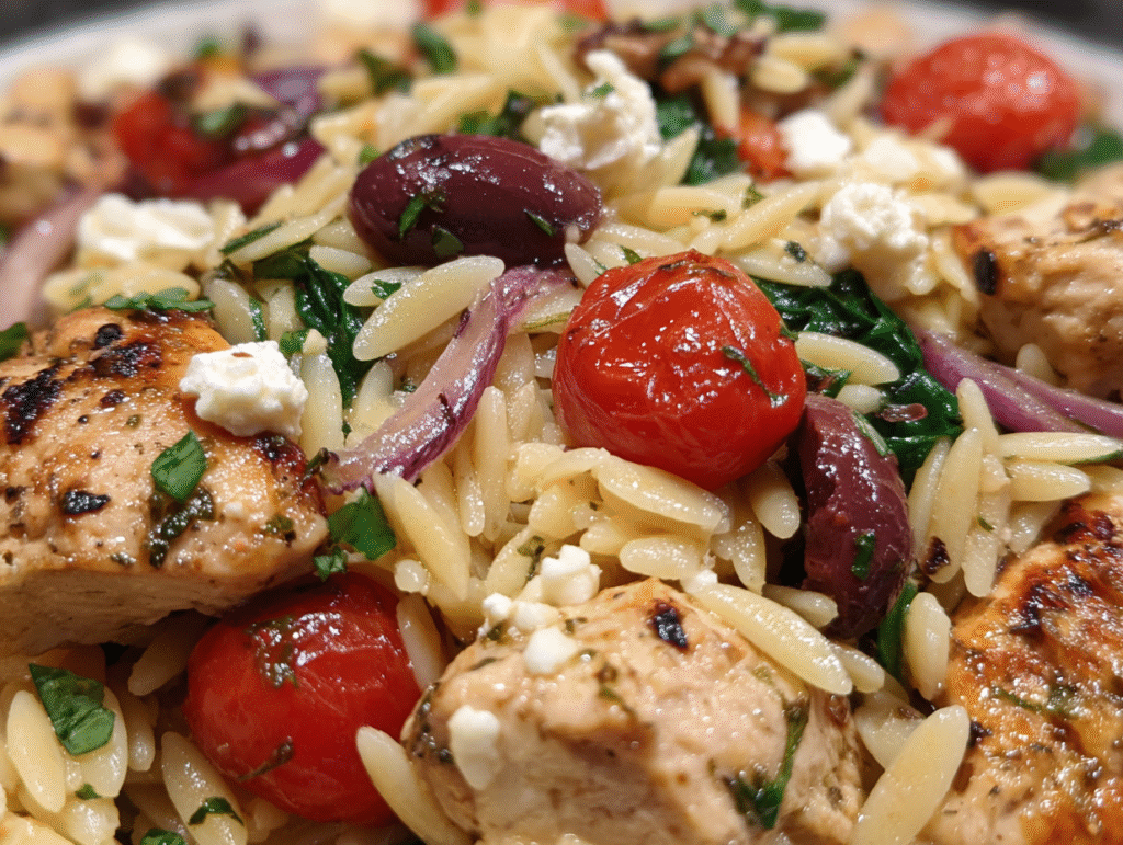 dish of High Protein Mediterranean Chicken Orzo