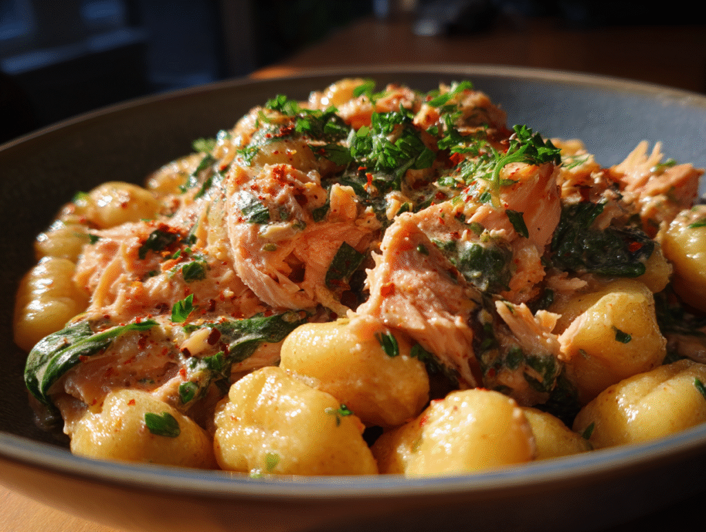 dishes of Juicy Smoked Salmon Gnocchi