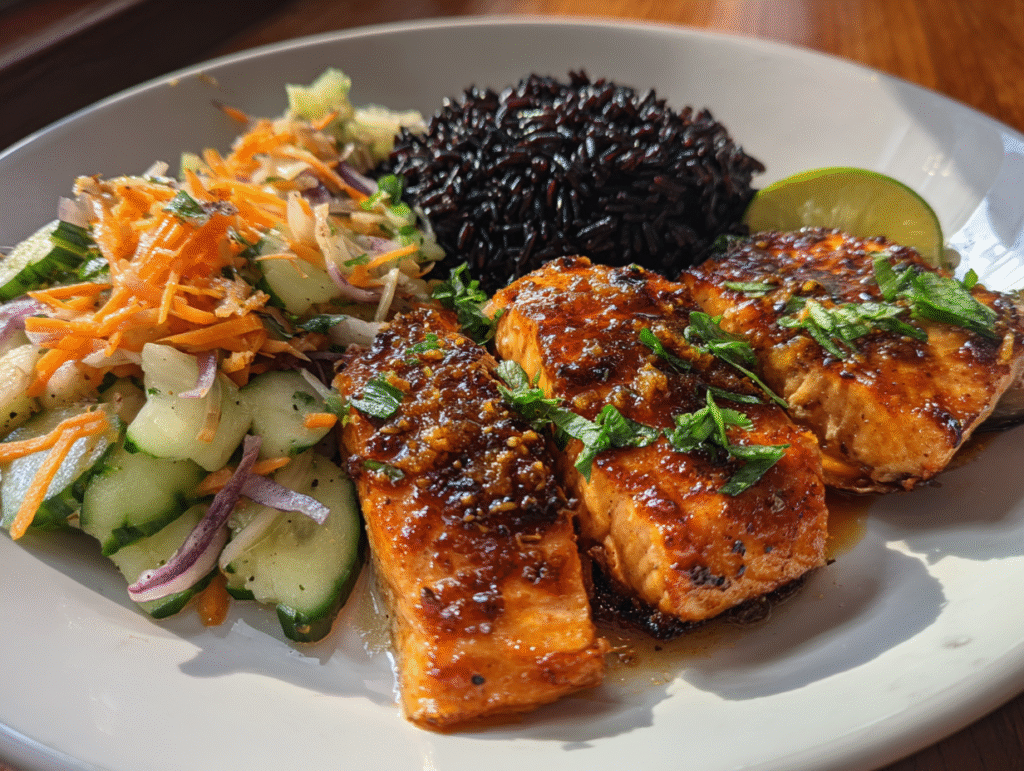 Miso Salmon with black rice and coconut cucumber salad