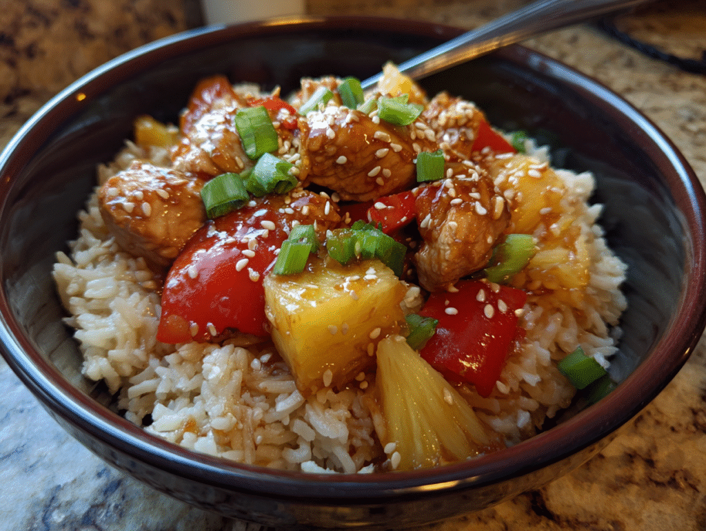 dishes of Pineapple Chicken and Rice
