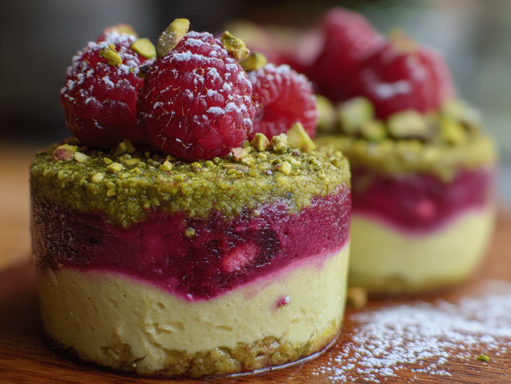 dessert of Raspberry Pistachio Mousse Cakes