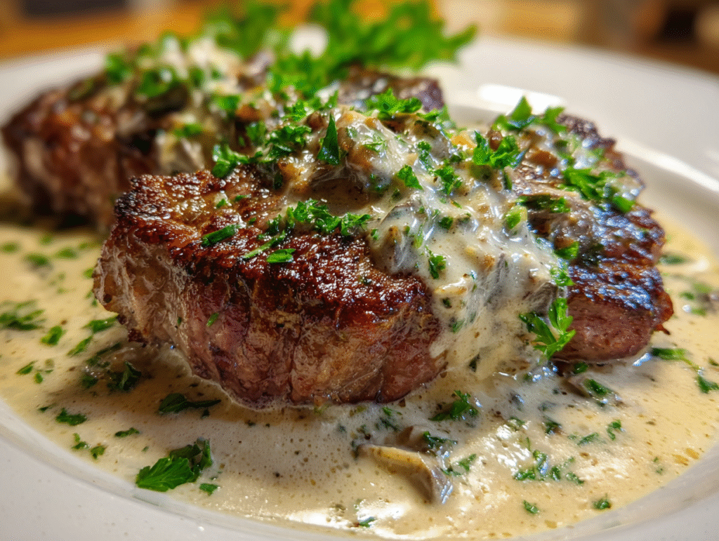 Steak with Haunted Bourbon Garlic Cream Sauce
