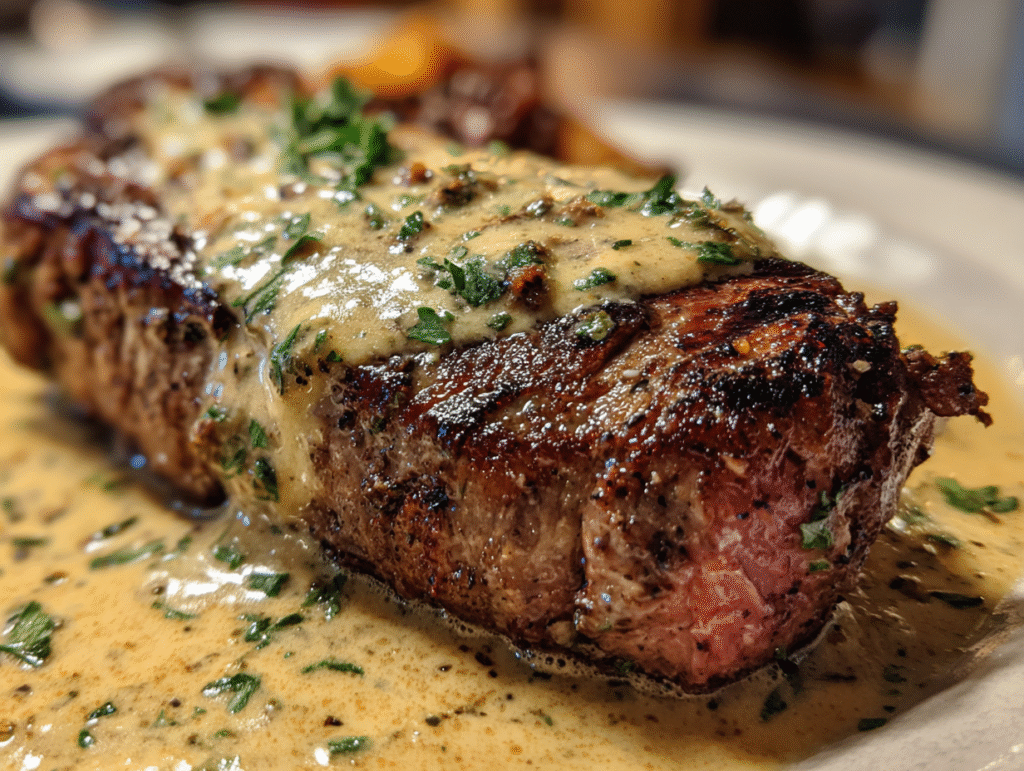 dishes of Steak with Haunted Bourbon Garlic Cream Sauce