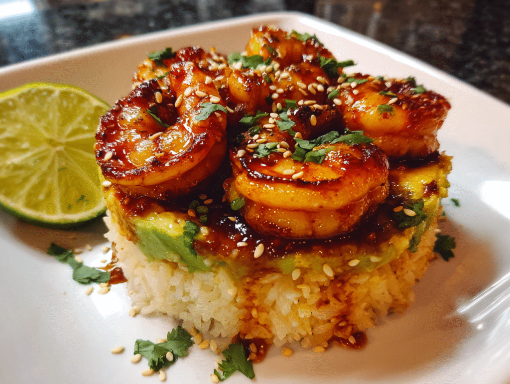 best food of Honey Lime Shrimp & Avocado Rice Stack Recipe