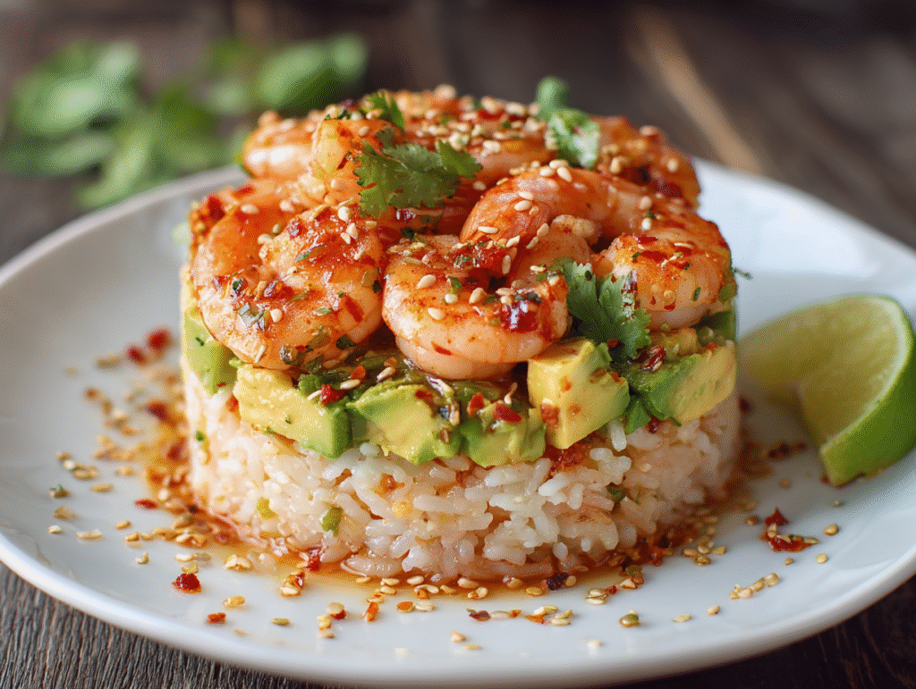 dishe of Honey Lime Shrimp & Avocado Rice Stack Recipe