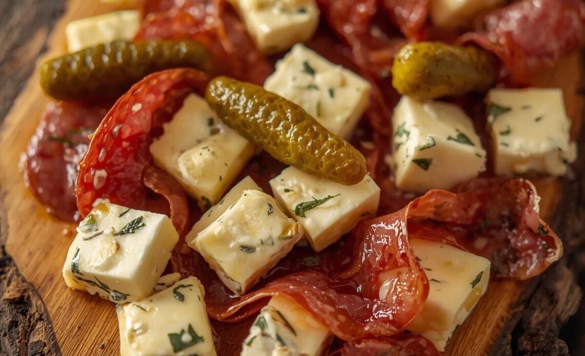 Marinated Cheese Appetizer with Salami & Pickles