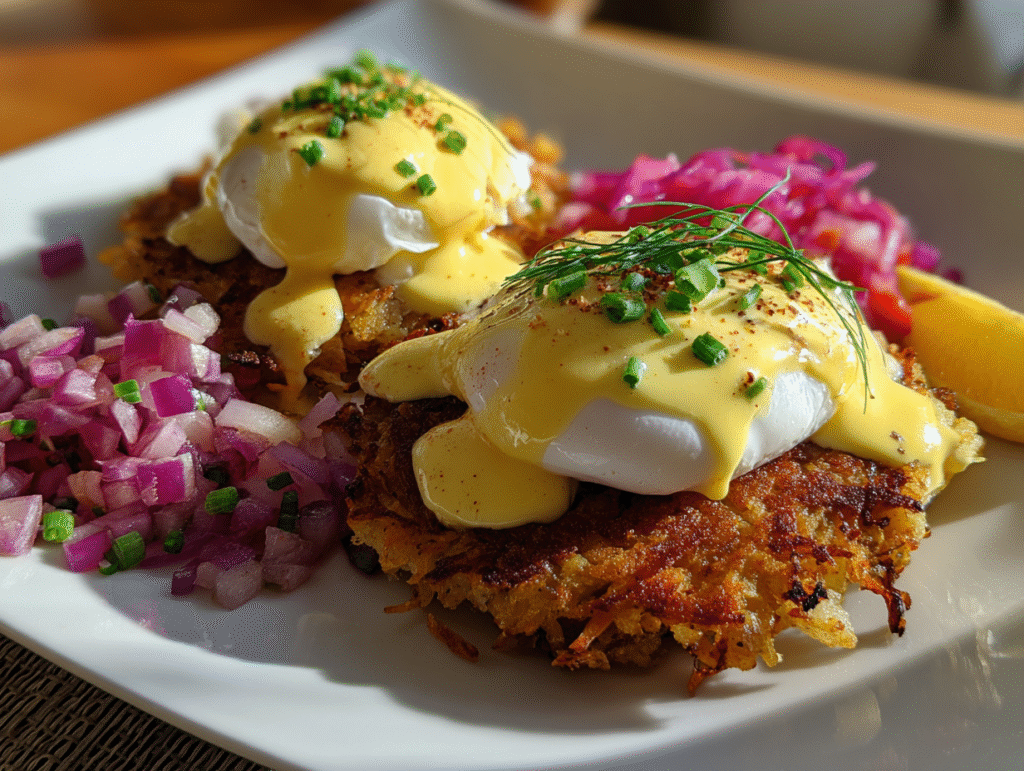 breakfast of Easy Latke Eggs Benedict