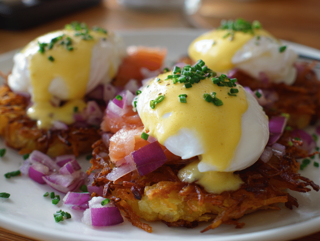 dish of Easy Latke Eggs Benedict