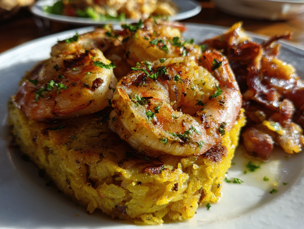 dishes of Garlic Shrimp Mofongo