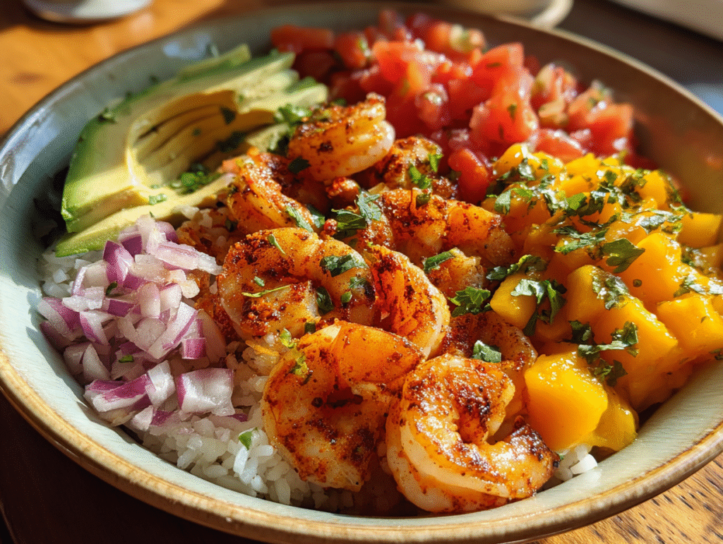 healthy Shrimp and Avocado Bowls with Mango Salsa lunches