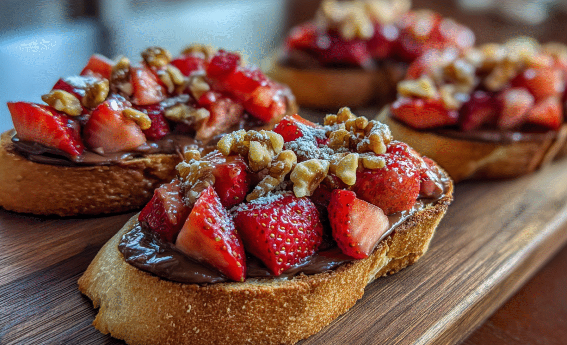 ⭐⭐⭐⭐⭐ 4.8 • 2,156 reviews Indulge in this healthy chocolate strawberry bruschetta! Easy, gluten-free, and perfect for quick desserts or brunch. A guilt-free treat that's bursting with flavor!