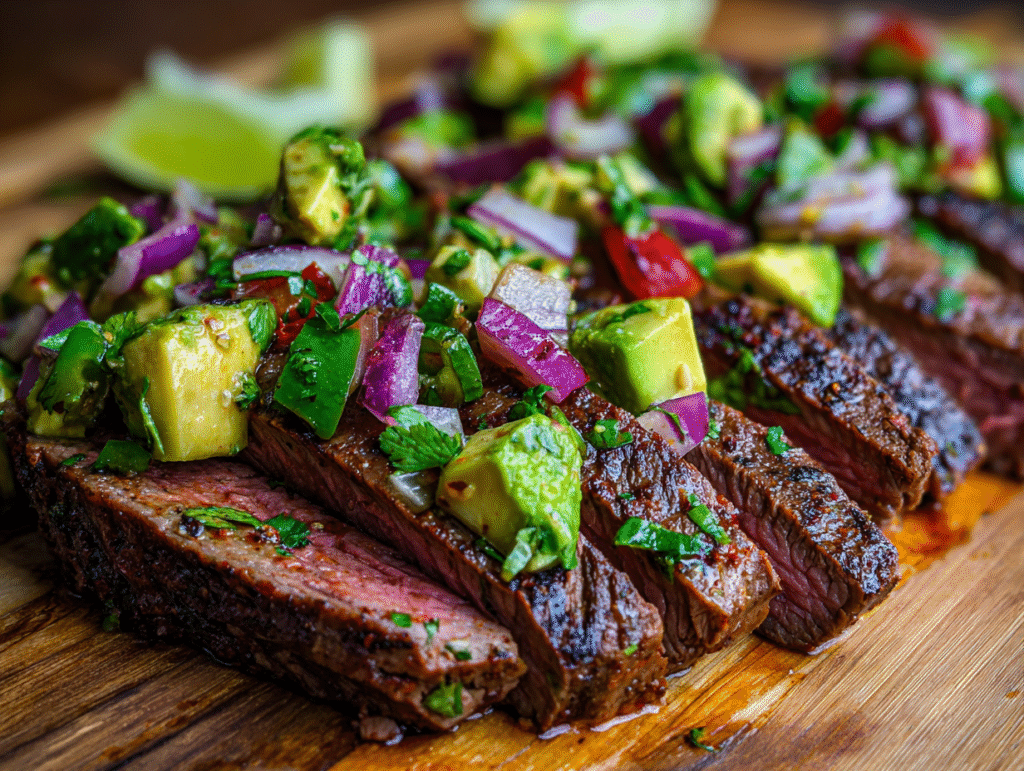 lunch of Juicy Chili-Lime Flank Steak with Avocado Salsa dishes