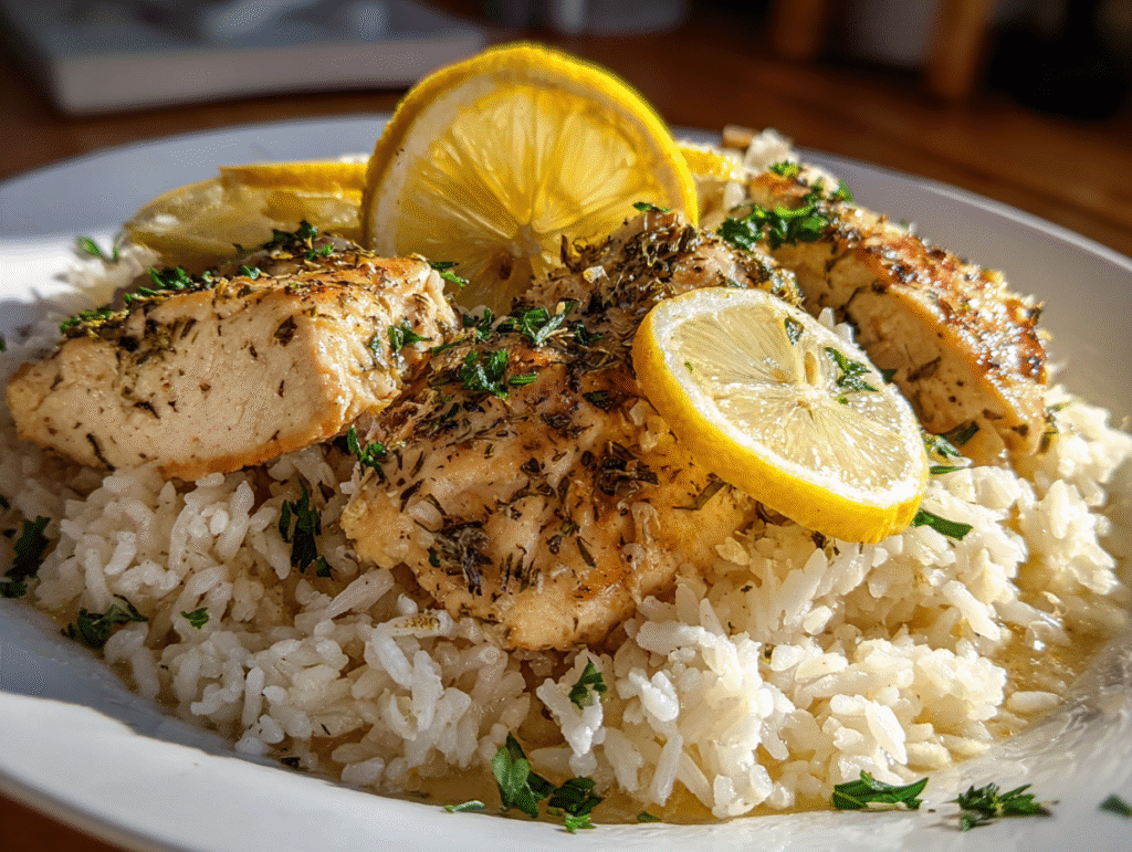 Slow Cooker Lemon Herb Chicken and Rice dinner